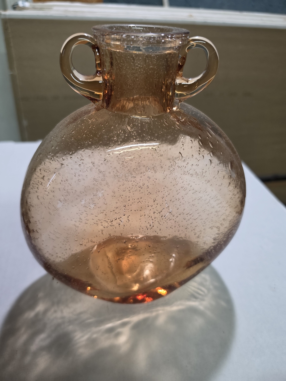 Handblown Peach Glass Bubble Vase with Dual Handles